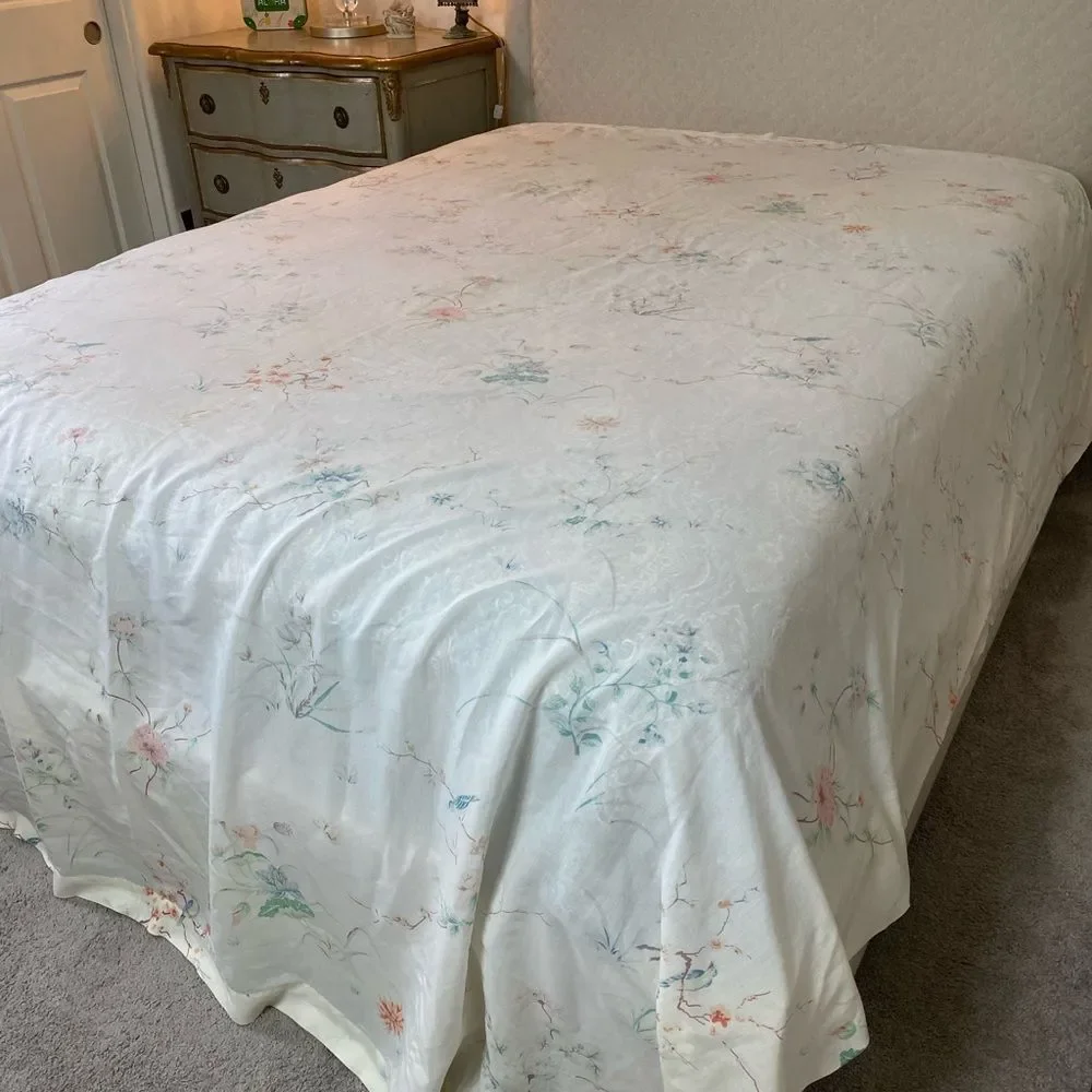 Floral Print with birds 50s Cream Bedding queen flat Sheet